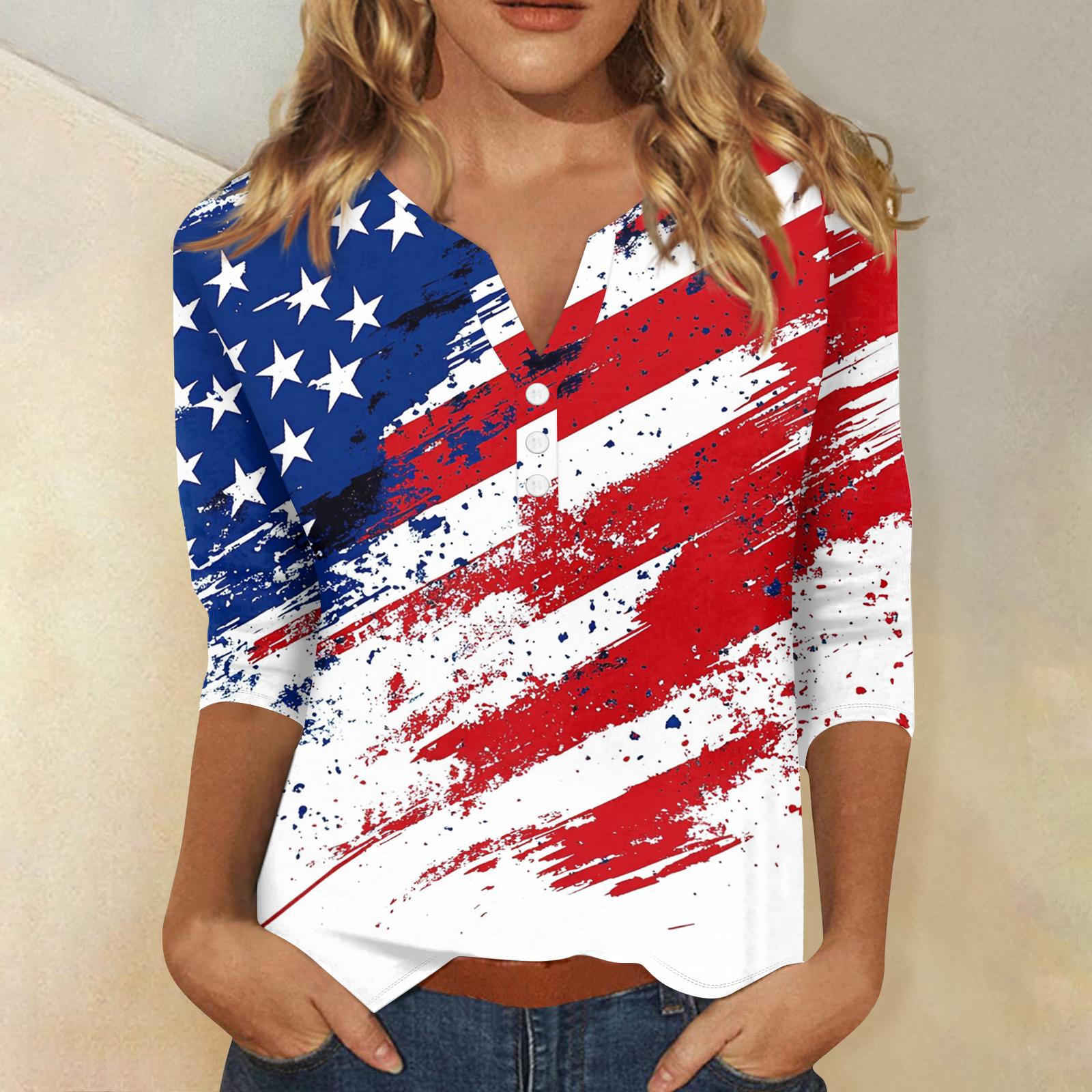 

Women s T Shirt Independence Day Print Button 3/4 Sleeve Daily Weekend Fashion Basic V- Neck Regular Top XL білий