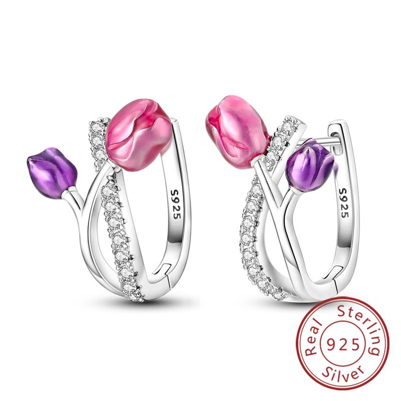 New Original 925 Silver Hoop Earrings Purple Zircon Flowers Butterflies Studs Earring For Women Wedding Engagement Gift