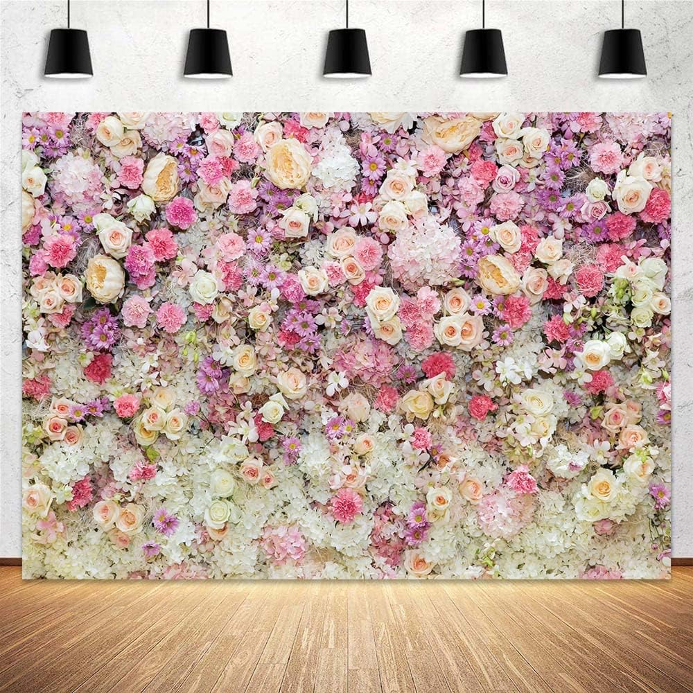 7x5ft Pink Rose Floral Flower Wall Backdrop Girls Wedding Birthday Bridal Shower Kids Portrait Background Photoshoot Cake Table Tea Party Photoshoot