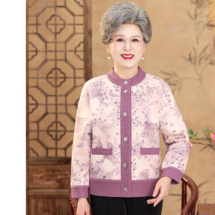 Middle-aged and Elderly Sweater Cardigan Grandma Winter Clothes Plus Velvet Padded Warm Coat Mother Autumn and Winter Coat Woman