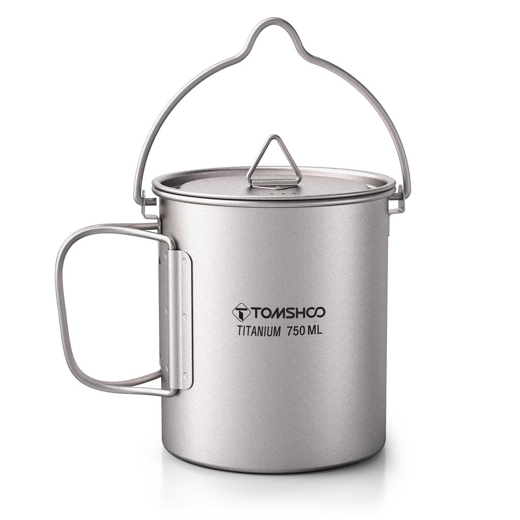 TOMSHOO Ultralight 750ml Titanium Pot Portable Titanium Water Mug Cup with Lid and Foldable Handle Outdoor Camping Cooking Picnic