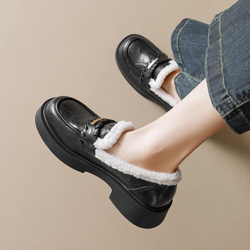 Soft Black Winter Fur Shoes Women Loafers Warm Plush Non-slip Fashion Brand Ladies Shoes Square Heels 4cm Plus Size 42