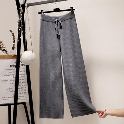 Women's Elastic Waist Wool Wide-Leg Pants: Autumn/Winter, Nine-Point, Thick, Straight, Loose Knit.