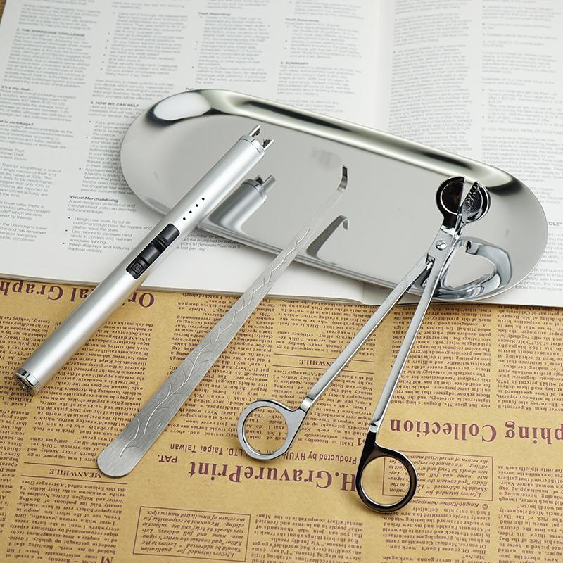 Aroma Candle Tool Kit: Wick Trimmer, Snuffer, Extinguishing Hook, and Tray.
