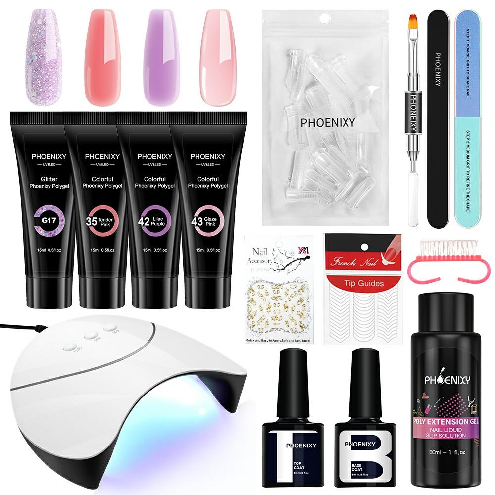 

Набор гелей для наращивания ногтей PHOENIXY с поли-УФ-гелем, комплект ламп для ногтей мощностью 36 Вт, инструменты для дизайна ногтей и верхнее базовое покрытие — полный стартовый набор для дизайна ногтей