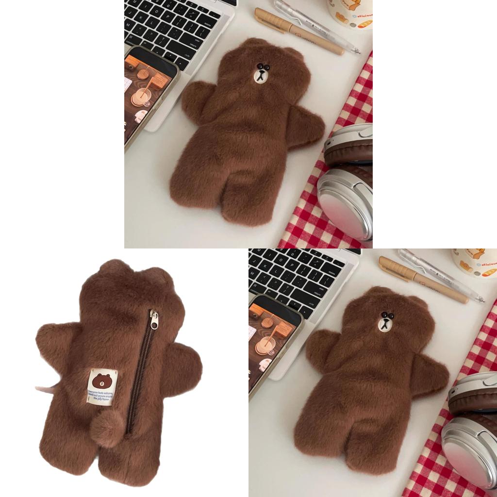 Brown Bear Plush Pen Bag Large Capacity Cute Soft Stationery Case For Girls