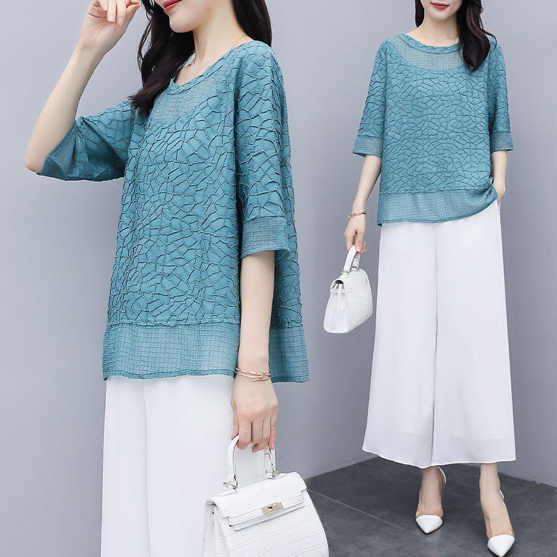 Summer Casual and Fashionable Printed Women's Large-size Chiffon Fashionable Mid-sleeved Loose Top