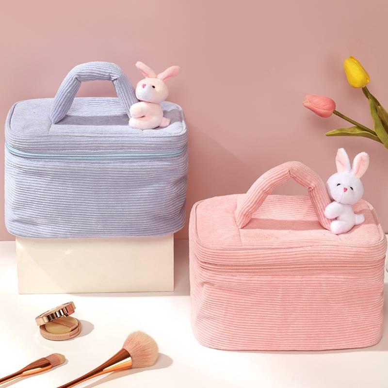 Large Capacity Corduroy Makeup Bag With Cute Rabbit Plush Perfect For Travel And Home Storage