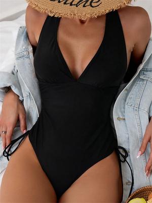 Sexy Black One Piece Swimsuit Women Solid V Neck Pleate Lace Up Tie Tummy Control Swimwear Summer Bathing Suit Monokini