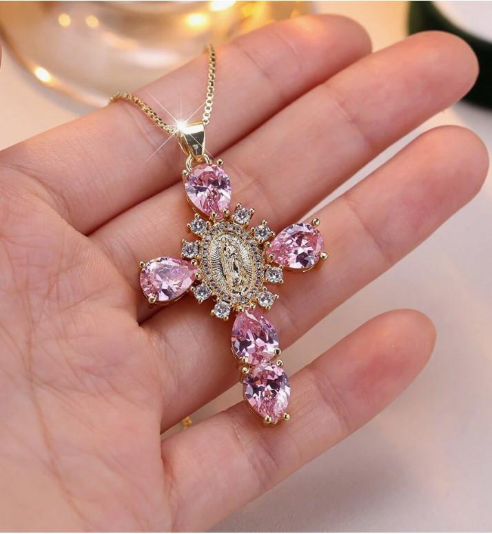 Stunning Full Rhinestone Virgin Mary Cross Necklace For Women With Unique Geometric Design