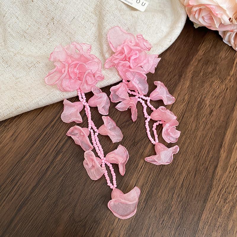 Chiffon-Blumen-Ohrringe mit Reisperlenfransen, modische Temperament-Stecker, einfache, hochwertige, vielseitige Ohrringe