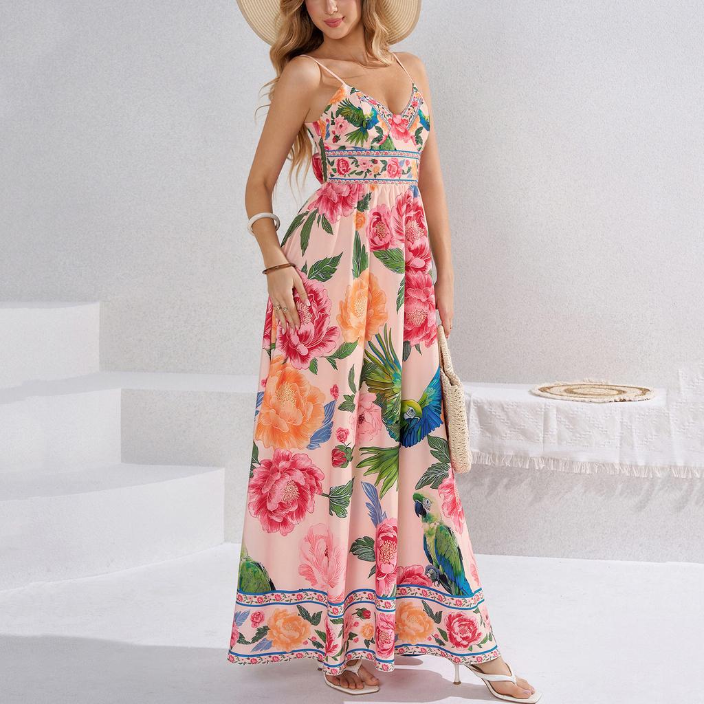 Summer new temperament printed suspender dress, European and American sexy holiday style backless strap waist dress