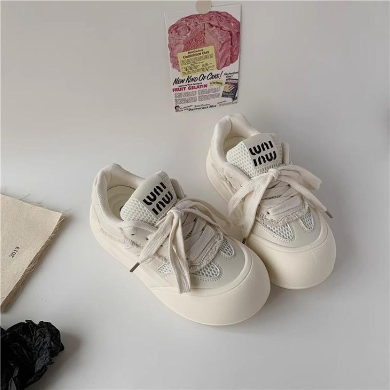 Cream Platform Bread Shoes Female Ugly Cute Summer Breathable Mesh Big Head White Shoes Tide