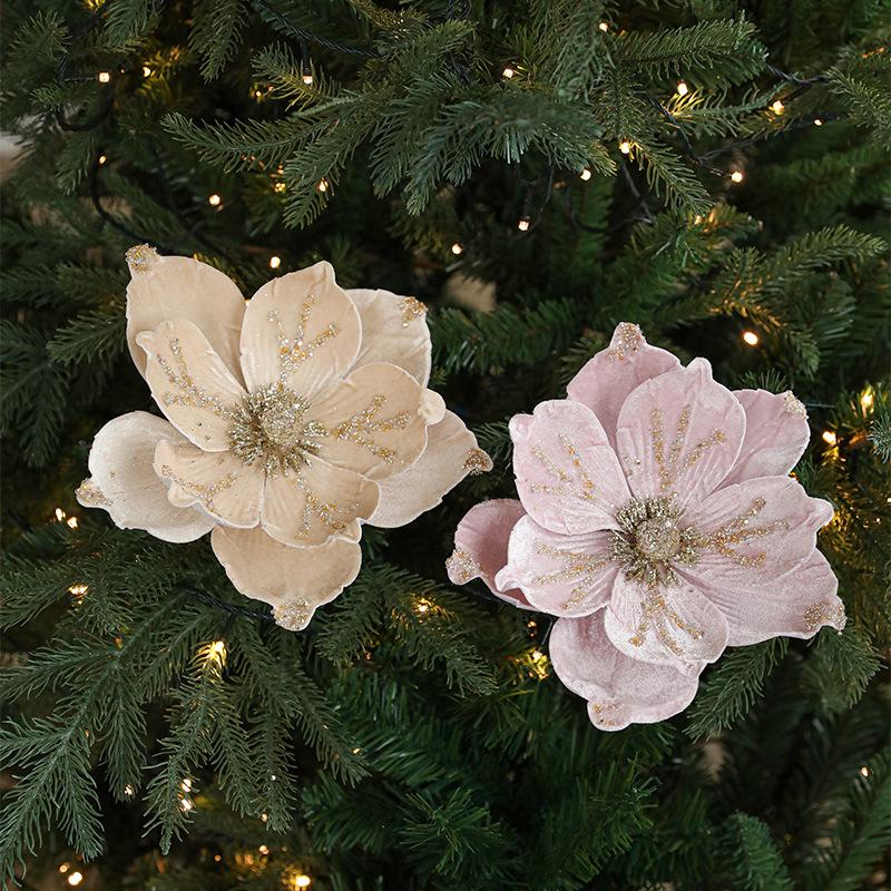 24CM Flocked Magnolia Christmas Flowers: Elegant High-End Fabric Decorations