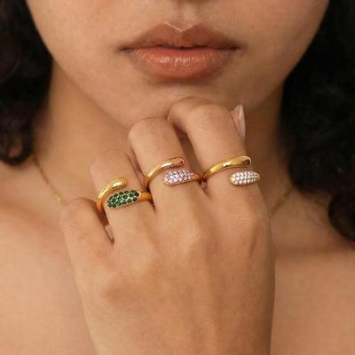 Tri-Color Rhinestone Open Ring: 18K Gold-Plated Stainless Steel In Pink, Green, White - Ins Fashion Jewelry