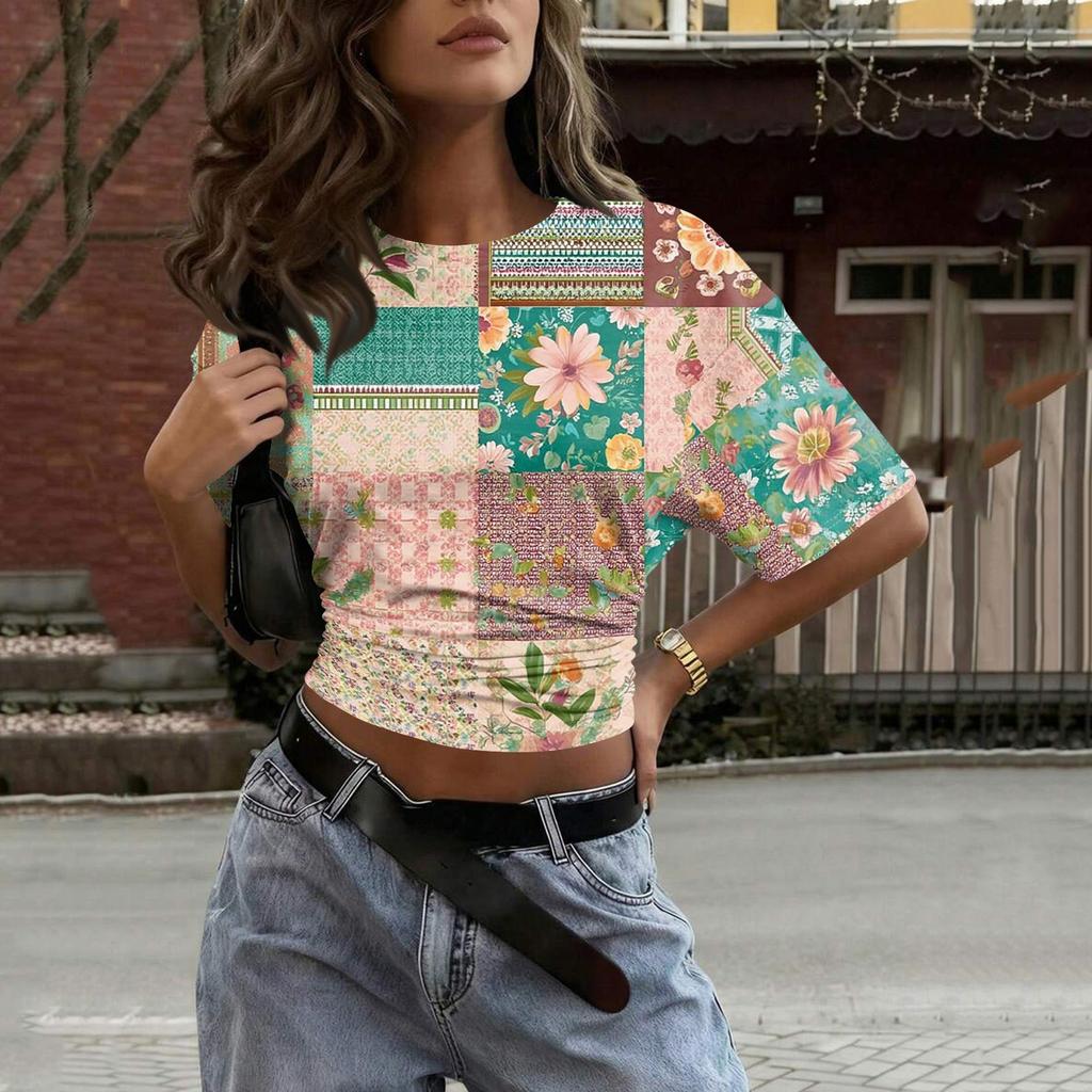 Women’s Crew Neck Printed Short Sleeve Loose Fit Pullover Top Casual Patchwork Style Soft Fabric Lightweight Comfortable Wear