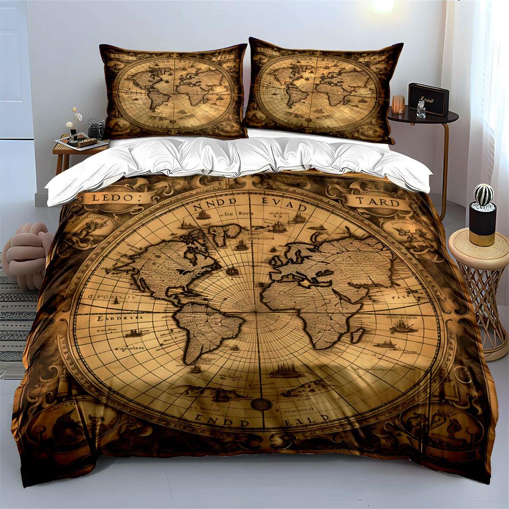 Vintage World Map Decor Set  Kid'S And Adults' Bedroom Decor, Exquisite Three-Piece Bedding Set Gift