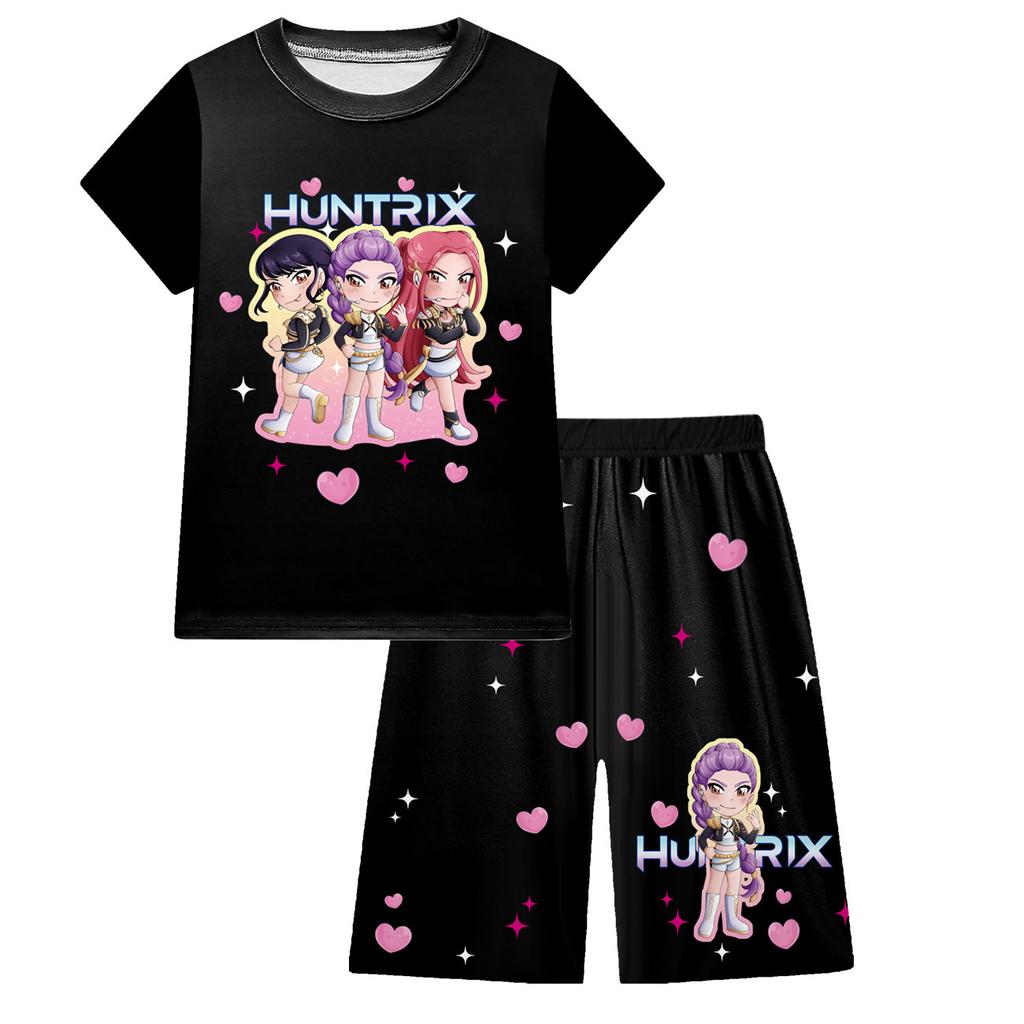 KPOP Mädchen T-Shirt und Hosen Set, Demon Slayer Cartoon, Zweiteiliges Kurzarm- und Shorts-Set für große Kinder
