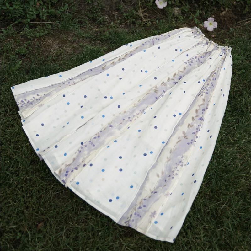 Johnature Women Vintage Patchwork Color Skirts Elastic Waist Polka Dot Loose Soft High Quality Clothes Summer Skirts