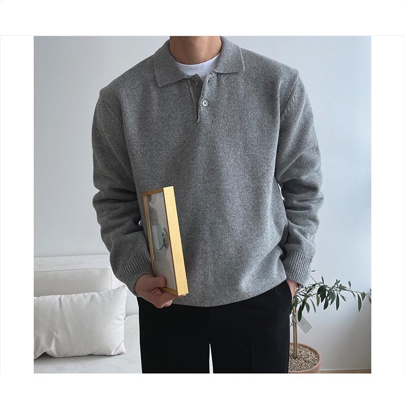 Men's Casual Loose Fit Polo Collar Knit Sweater - Autumn Solid Color Korean Hong Kong Style