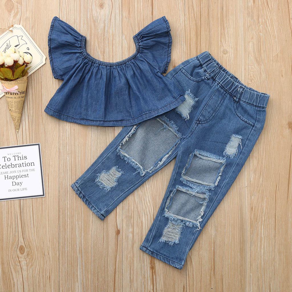 Toddler Baby Girls Off Shoulder Solid Tops+Hole Denim Jean Pants Outfits  Sets – buy the best products in the Coolbe online store, image size:1024x1024