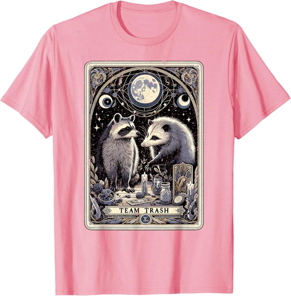 Team Trash Raccoon Opossum Tarot Card Graphic Print Cotton Short Sleeve T-Shirt Casual Trip