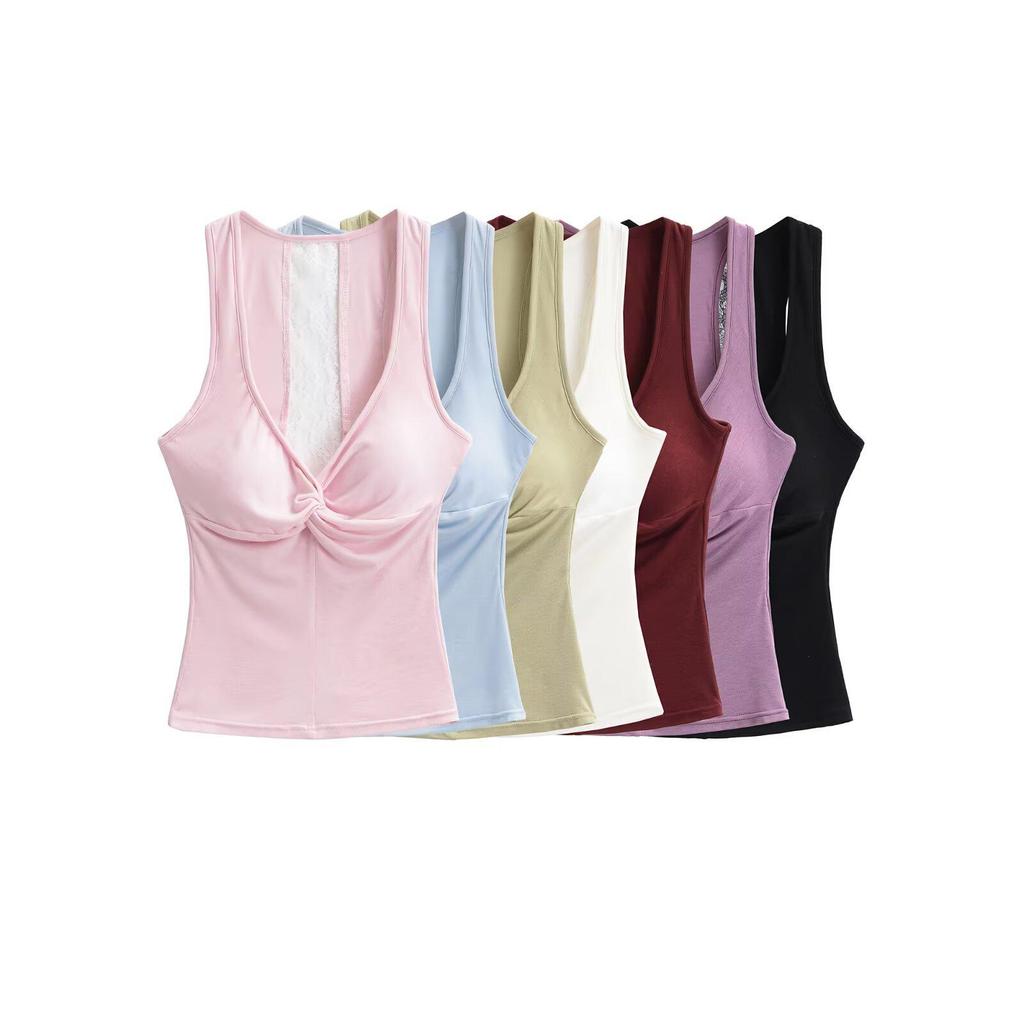 Twisted Back Lace Patchwork Blue Spaghetti Strap Tank Top for Women - Summer Sleeveless Top, Multicolor.