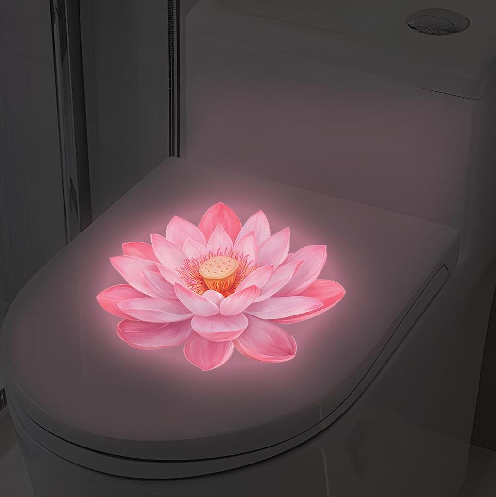 Pink Luminous Lotus Toilet Stickers, Chinese Zen-style Bathroom Decoration Stickers