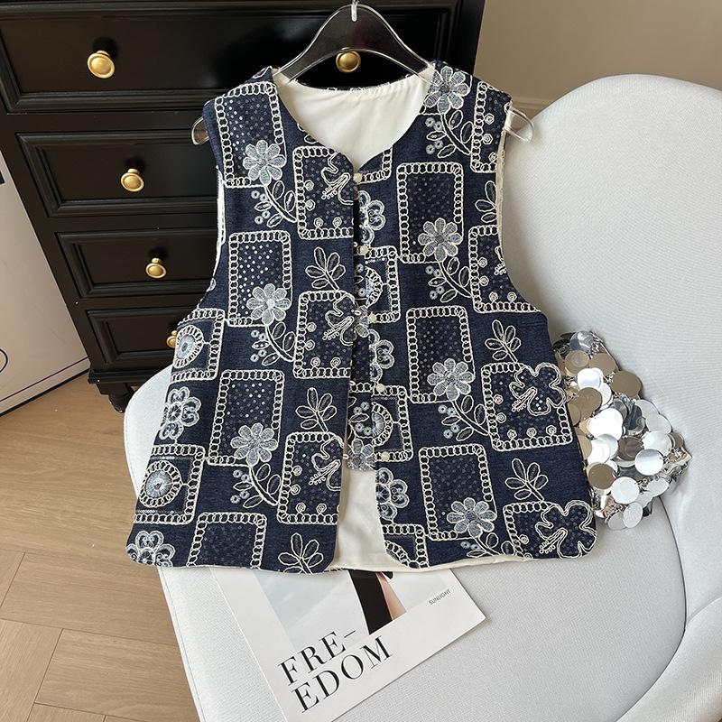 

Вышитый жилет женский весна 2025 новый модный жилет из сине-белого фарфора XXXL [Recommended 138-75kg]