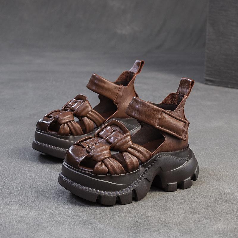 Jieshu Summer New Niche Style Muffin and First-layer Cowhide Sandals Comfortable Woven Breathable Retro Women's Shoes