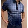 Geometric Pattern Short Sleeve Polo Shirt with Zip Collar, Casual Trendy Wear