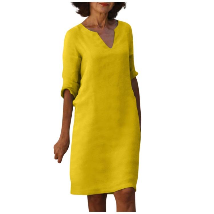 Retro High Waist V-Neck Cotton Linen Dress European American Style Solid Color Washed Wrinkled Fabric Three Quarter Sleeves