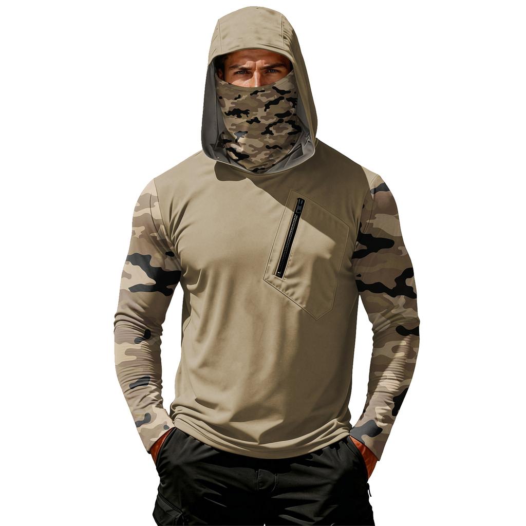 Men's Casual Camouflage Print Hooded Long Sleeve Sun Protection Shirt Lightweight Breathable Outdoor Activewear