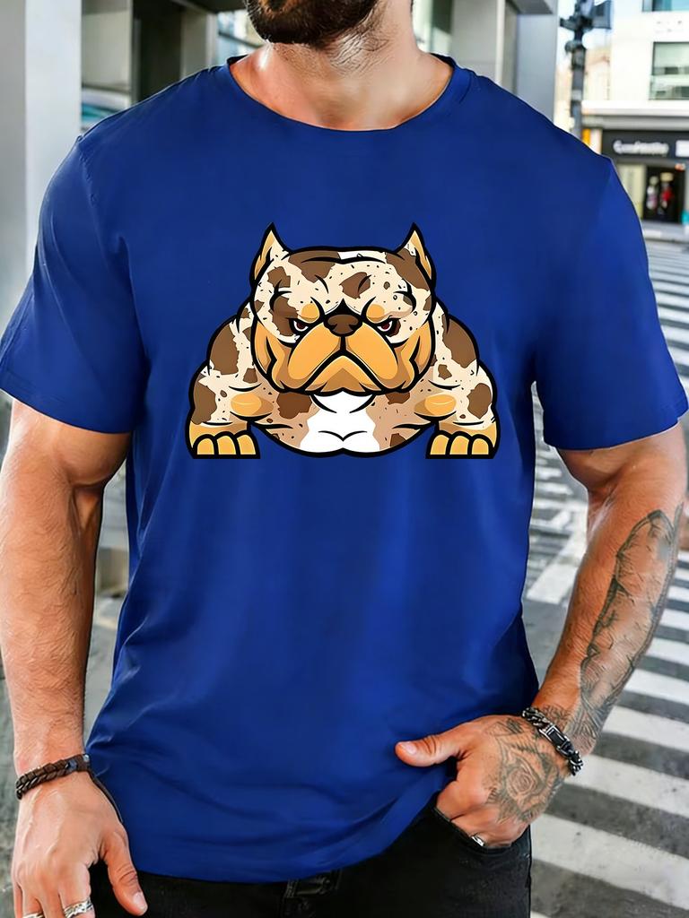 Unisex Olive Green Tee Spotted Bulldog Cartoon Animal Print Short Sleeve Loose Casual Basic Top For Adult Male Daily Wear Outfit