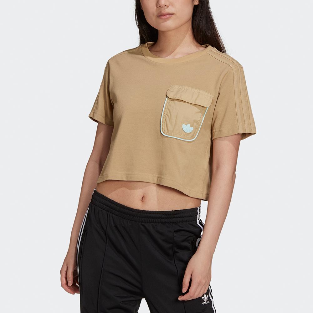 Adidas Originals Cropped Tee Pocket Spliced Striped Sports Short Sleeve T-Shirt Women Tops Khaki H15829