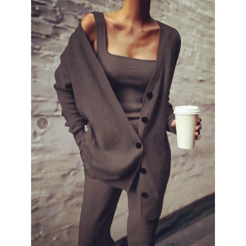 

IHUASU Вязаный летний женский костюм-тройка: пальто, жилет и брюки L