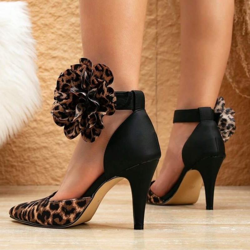 Mote Elegant Blomstret Leopard Høye Hæler Dame Mote Spiss Tå Ankelstropp Spenne Merke Designer Sko Sexy Bankettsko