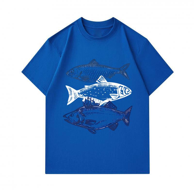 Men's 100% Cotton Crew Neck Short Sleeve T-Shirt, Vintage Three Fish Graphic Print Casual Lightweight Summer Tee for Daily Wear