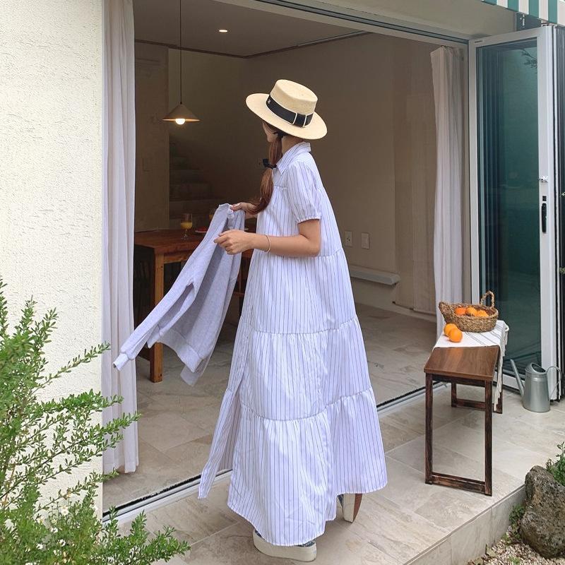 Striped Short-sleeved Shirt Dress, Knee-length Long Style, Belt for Slimming, Patchwork Loose Style, Covering Up and Slimming Effect, One-piece Dress