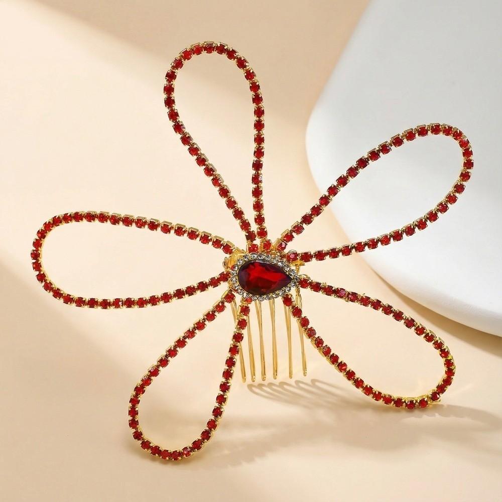 Fairy Rhinestone Hair Accessory Crystal Bridal Wedding Hair Ornament Red Flower Comb Hairpin Girls