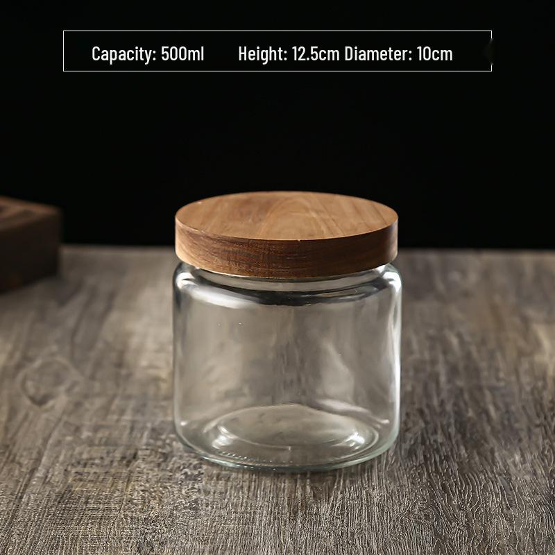 Large Glass Storage Jar with Striped Wooden Lid, Airtight & Food-Grade, Round Transparent Chinese Kitchen Collectible