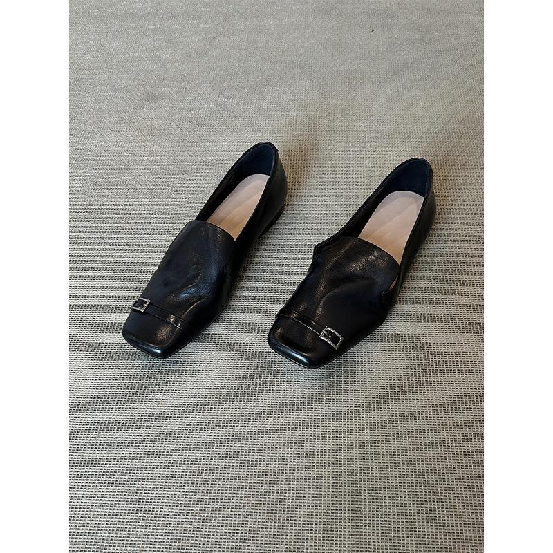 Sheepskin Version~ Retro British Style Leather Square Head One-pedal Loafers Women's Design Sense Niche Flat-bottomed Small Leather Shoes