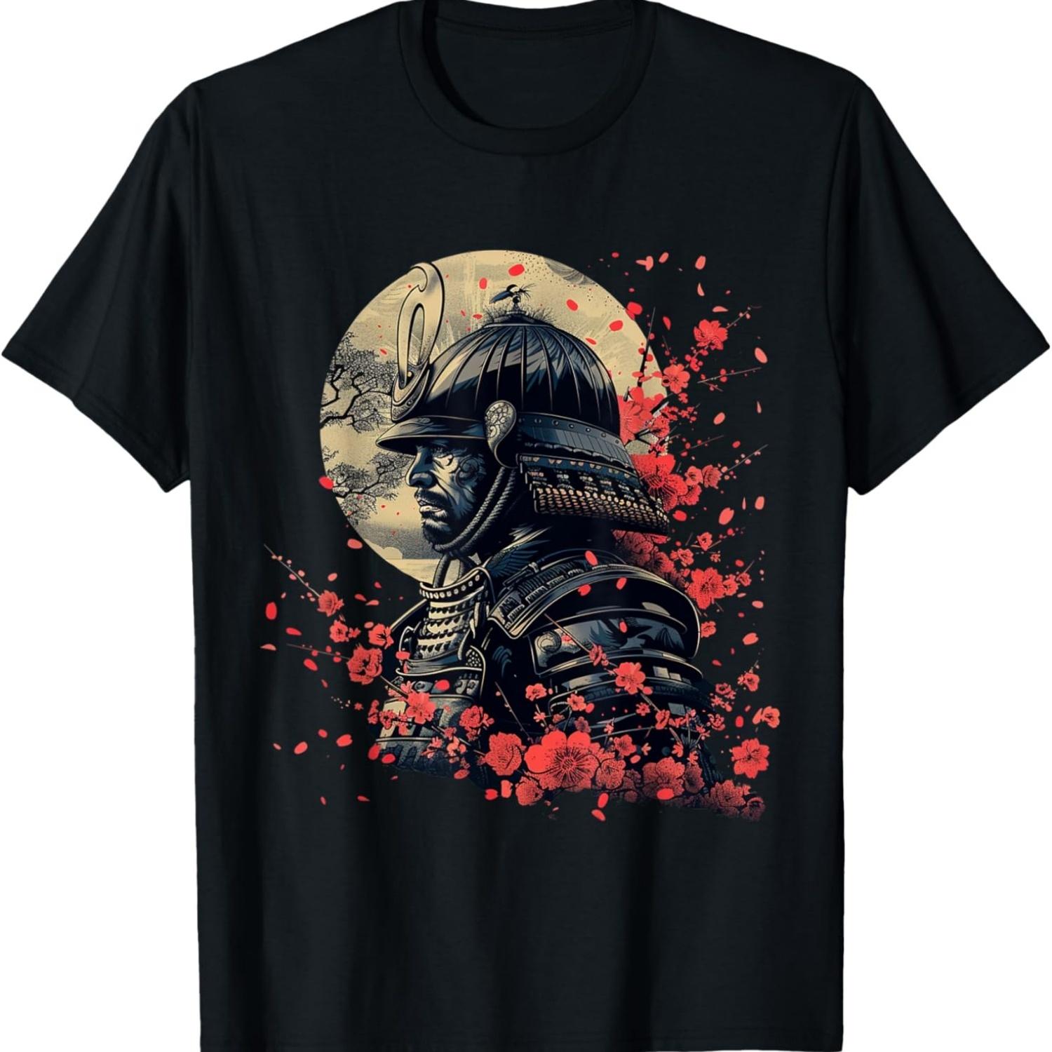 

Vintage Samurai Art Retro Tee Cherry Blossom T-Shirt S чёрный