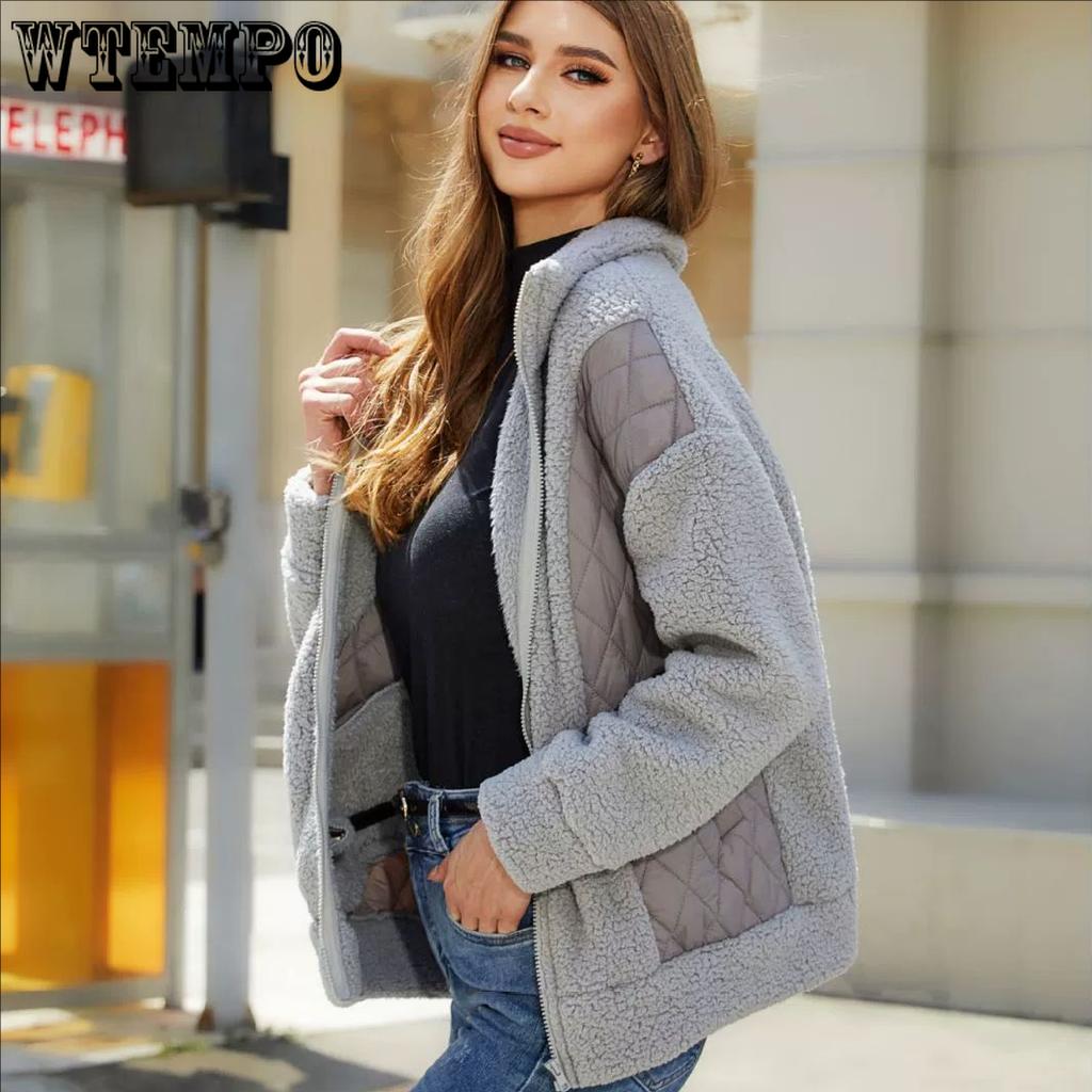 Women's Fall and Winter Long-sleeved Cardigan Zipper Plush Splicing Ladies Short Jacket