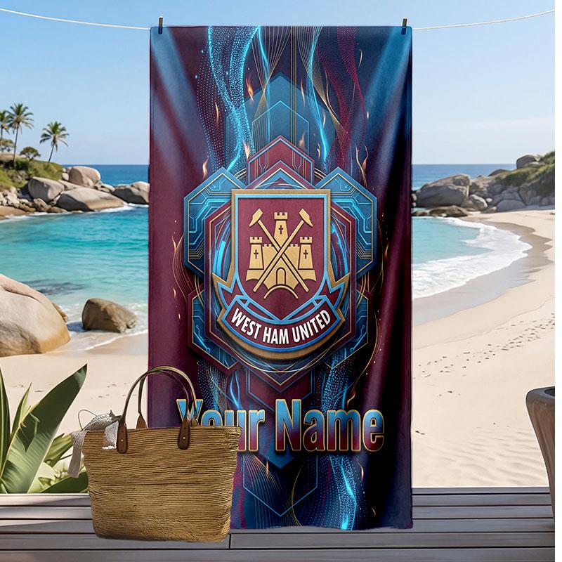 West Ham United FC Personalized Printed Beach Towel Soccer Logo Support Custom Name Text Absorbent Towel For Sport Travel Special Gift