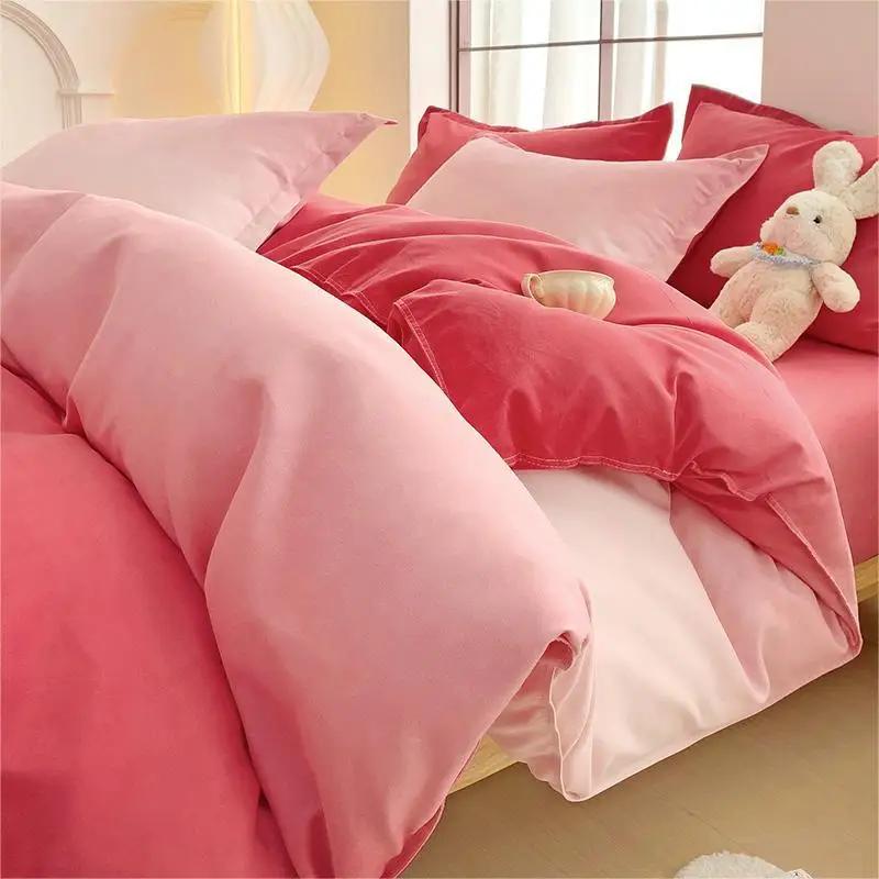 Skin-Friendly Twill Fabric Bed Sheet Four Piece Set Ab Double-Sided Color Blocking Bedding Sets Flower Printed Quilt Cover