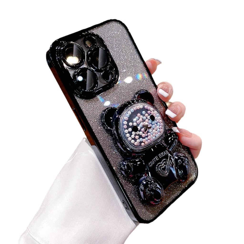 Suitable for IPhone15 Case, Gradient Glitter Apple 16 Silicone 14Promax Fashionable Bear Stand