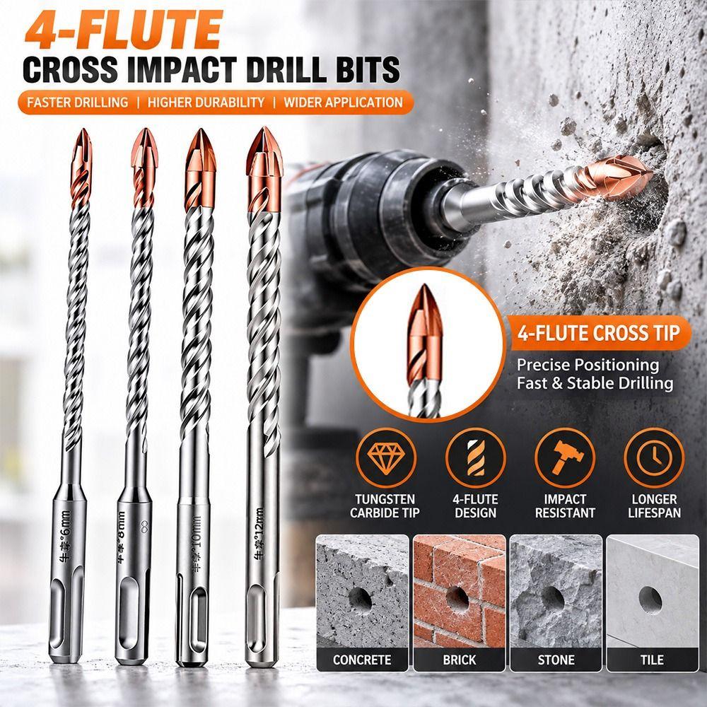 Extended Four-bladed Cross Impact Drill Bit Masonry Drill Bit  Concrete Drilling