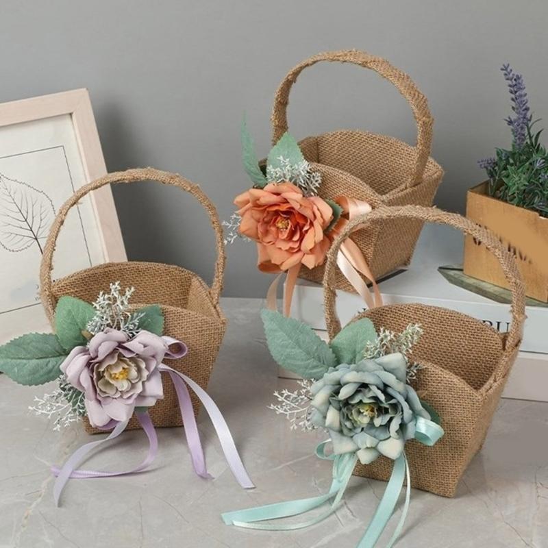 Handlicher Aufbewahrungskorb Leinen Blumenkorb mit Griffen Handgeflochtene Körbe Vielseitige Dekorationen Handgemachtes Geschenk