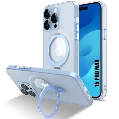 Hülle für iPhone 15 Pro Max, Stoßfest Hart mit Verstellbarem Magnetischem Ringhalter und Kameraschutz - Durchscheinend Blau